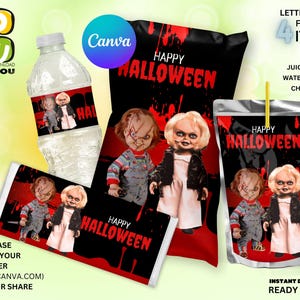 Chucky Birthday Party Bundle Etiketten bearbeitbar, Halloween Party Etiketten, Halloween bearbeitbare Partydekoration Etiketten