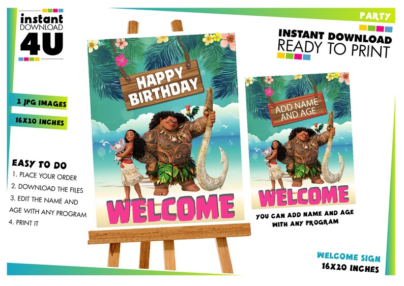 Może przedstawiać: Cyfrowy plakat na imprezę z postaciami z filmu Moana. Na znaku widnieją napisy "Happy Birthday" i "Welcome" w r&oacute;żowych literach. Znak ma wymiary 40,6 x 50,8 cm i jest gotowy do druku.