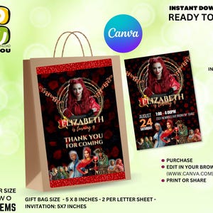 May include: A brown paper gift bag and invitation card with a birthday party design. The design features a person with red hair, the name "Elizabeth", and the text "Thank you for coming". The invitation is 12.7 x 17.78 cm.