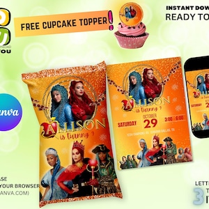 May include: Printable party invitation featuring a cartoon image of characters from the Disney movie Descendants. The invitation is for a birthday party for Alison, who is turning 9. The invitation is in a chip bag style and includes the date, time, and location of the party. The invitation also includes a cupcake topper with a cartoon image of the characters from the movie.