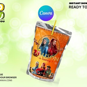 May include: A printable juice box template featuring characters from the Disney movie Descendants. The template is orange with glitter and features the text "Alison is turning?"