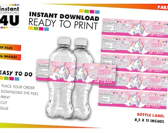 May include: Printable water bottle labels featuring a unicorn with a rainbow and the text "Happy Birthday". The labels are pink, white, and blue with a polka dot pattern. The labels are 8.5 inches by 11 inches.