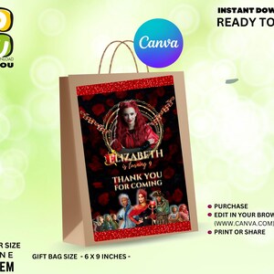 May include: A red and gold gift bag featuring a picture of a woman in a red dress and a crown. The text "Elizabeth is turning 9" and "Thank you for coming" is on the bag. The bag measures 15.2 cm by 22.9 cm.