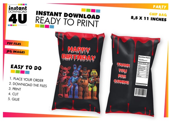 Five Nights at Freddy's Chip Bag Label FNAF Birthday Party 5