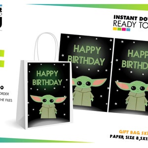 Puede incluir: Bolsa de regalo imprimible y dos etiquetas de regalo con un personaje alien&iacute;gena verde con el texto "Happy Birthday" en un estilo que brilla en la oscuridad. La bolsa de regalo mide 5x7 pulgadas y el tama&ntilde;o del papel es de 8,5x11 pulgadas.