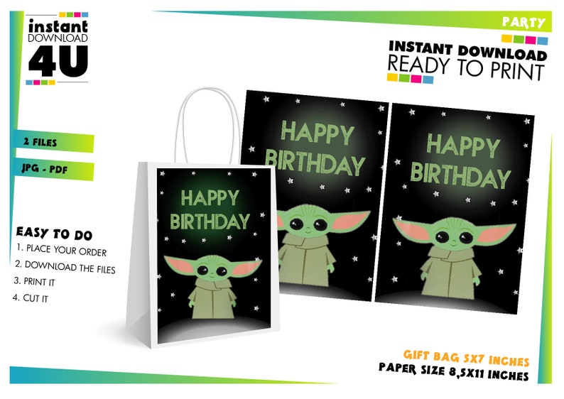 Puede incluir: Bolsa de regalo imprimible y dos etiquetas de regalo con un personaje alien&iacute;gena verde con el texto "Happy Birthday" en un estilo que brilla en la oscuridad. La bolsa de regalo mide 5x7 pulgadas y el tama&ntilde;o del papel es de 8,5x11 pulgadas.