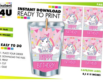 May include: Printable unicorn-themed Capri Sun labels for a birthday party. The labels feature a pink background with a unicorn, rainbow, and stars. The text "Happy Birthday" is printed on the labels. The labels are 8.5 inches by 11 inches.
