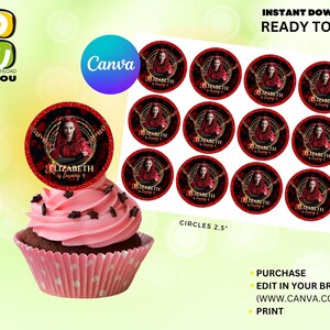 May include: A set of 10 printable 2.5 inch round cupcake toppers featuring a red-haired woman in a red dress with a gold crown. The text "ELIZABETH is turning 9" is on the topper. The toppers are ready to edit and print.