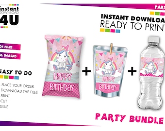 May include: A party bundle featuring a pink and white unicorn theme. Includes a chip bag, juice pouch, and water bottle, all with a unicorn design and "Happy Birthday" text. The image also includes the text "Instant Download Ready to Print".