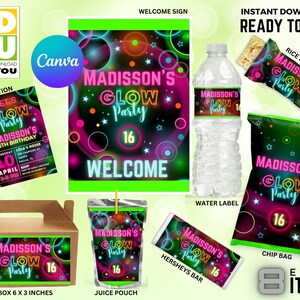 Glow Party Birthday Bundle Editable, Glow Invitation, Glow Party Editable Favors, Glow Editable Wrappers