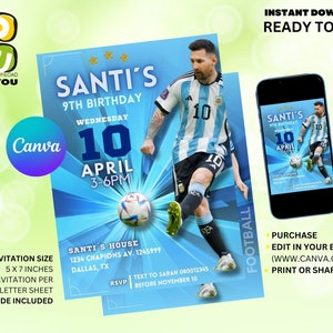 Messi Birthday Party Invitation Editable, Football editable invitation