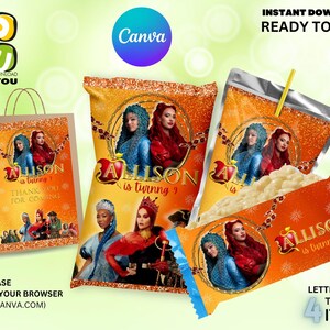 May include: Printable party favour bag, juice box, and candy bar wrapper designs featuring a cartoon image of a girl with red hair and a blue dress. The text on the designs reads "Alison is turning 7".