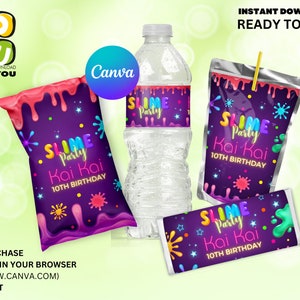 Slime Party Editable Bundle, Slime Party Kit Instant Download, Juice, Chip Bag, Water Bottle and Chocolate warpper