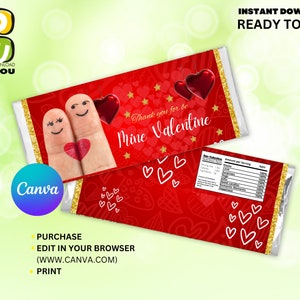 May include: Red Valentine's Day candy bar wrapper with a heart design and the text "Thank you for be Mine Valentine." Features finger art with a heart and the text "Instant Download Ready to Edit."