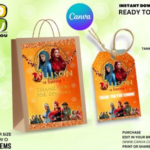 May include: A brown paper gift bag and tag with an orange and gold design. The design includes images of two women, the text "Allison is turning", and "Thank you for coming". The bag and tag are for a party.