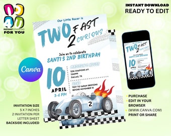 Two Fast Racing Car Invitation Editable, Racing Car editable Invitation, Editable Canva Invitation