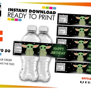 Puede incluir: Etiquetas imprimibles para botellas de agua con un personaje extraterrestre verde y el texto "Happy Birthday" en verde. Las etiquetas est&aacute;n dise&ntilde;adas para papel de 8,5 x 11 pulgadas.