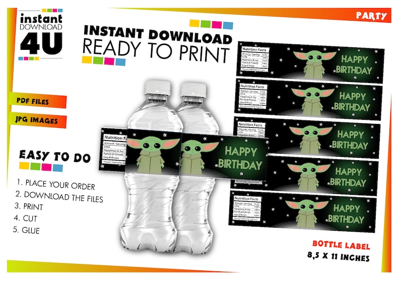 Puede incluir: Etiquetas imprimibles para botellas de agua con un personaje extraterrestre verde y el texto "Happy Birthday" en verde. Las etiquetas est&aacute;n dise&ntilde;adas para papel de 8,5 x 11 pulgadas.