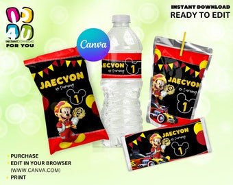 Pacote editável de lembrancinhas de festa do Mickey, decoração de festa do Mickey Roadster Racer, suco, garrafa de água com saco de chips e embalagem de doces
