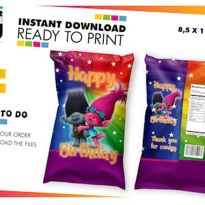 Trolls Birthday Chip Bag Labels, Trolls Chip Potato Labels, Trolls Party Favors and Decor, Trolls party decoration