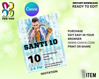 Custom Messi Invites for Soccer Party & Football Birthday, Personalized Soccer Invitations for Messi Birthday Celebration