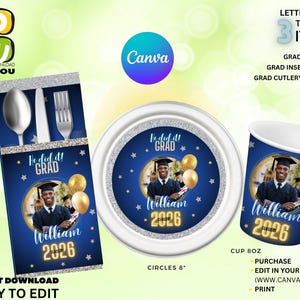 May include: A graduation-themed set featuring a blue and silver cutlery holder, plate, and cup. Each item displays a photo of a graduate, the text "We did it! Grad", the name "William", and the year "2026". The cup holds 8oz.