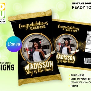 Graduation Class of 2024 Chip Bag with Picture Editable, Photo Graduation Gold Chip Bag Template, Graduation Decorations Editable Canva