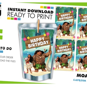 May include: Printable Moana-themed Capri Sun labels. The labels feature Moana and Maui on a tropical beach with the text "Happy Birthday".