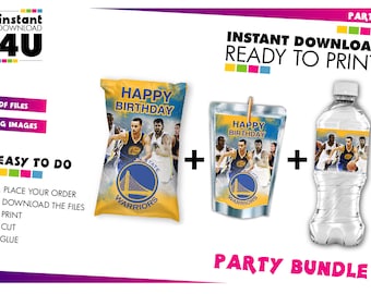 Basketball Party Bundle labels, Basketball Capri Sun+Chip Bag+Water Bottle Label, GSW chip capri water bundle, INSTANT DOWNLOAD