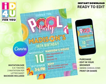 Pool Party Invitation Editable, Summer Party Editable Invitation, Water Park Splash Party Invite, Summer Party Beach Invitation