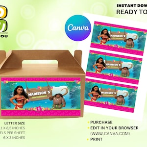 Moana Gable Box Label Editable, Birthday Gift Box Label Editable, Editable Gable Box