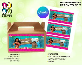 Moana-geveldooslabel bewerkbaar, label verjaardagscadeau bewerkbaar, bewerkbare geveldoos