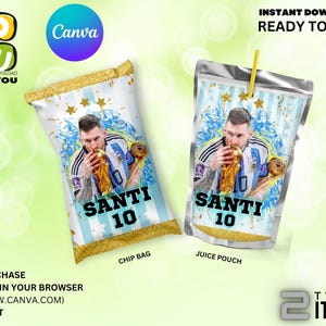Messi Argentina Party Bundle Editable, Argentina party favors editable, Argentina Messi Chip Bag juice bag