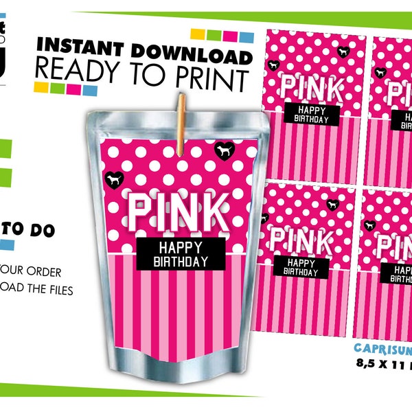 Victorias Secret Pink Capri Sun Labels, VS Pink Party Supplies Decorations, VS Juice Pouch label, VS Drink label, Instant Download