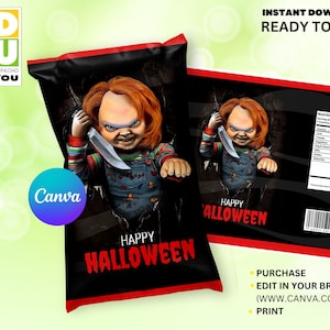 Chucky Chip Bag Editable label, Chucky Favor Bag Editable Label, Chucky party favor, Chucky Chip Bag Wrapper