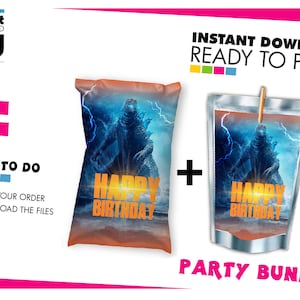 Godzilla Party Bundle labels, Godzilla Capri Sun+Chip Bag Label, Godzilla chip bag and capri bundle, Party favor, INSTANT DOWNLOAD