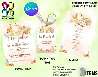 Thanksgiving Party Favors Decoration Bundle, Happy Thanksgiving Editable Bundle, Thanksgiving Menu, Invitation and Thank you tags
