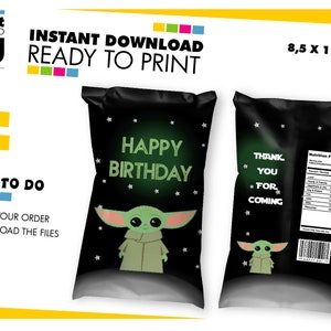 Puede incluir: Plantillas de bolsas de patatas fritas imprimibles con un personaje alien&iacute;gena verde con el texto "Feliz cumplea&ntilde;os" y "Gracias por venir". Las bolsas miden 8,5 pulgadas por 11 pulgadas.