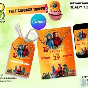 May include: Printable digital download for a birthday party. The design features a cupcake topper, a tag, and an invitation with a princess theme. The invitation says "Alison is turning 9" and includes a date and time. The colours are orange, yellow, and gold.