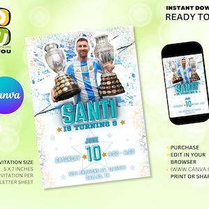 Uitnodiging voor verjaardagsfeestje Messi voetbal bewerkbare, Argentinië bewerkbare uitnodiging, bewerkbare Canva-uitnodiging