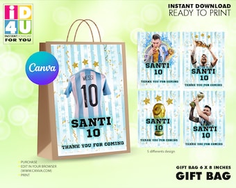 Etiqueta de bolsa de regalo de papel de Argentina editable, etiqueta de bolsa de regalo Messi, bolsa de regalo editable, favores de fiesta, golosinas de fiesta, fiesta personalizada