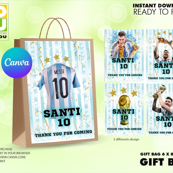 Argentina Paper Gift Bag Label Editable, Messi Gift Bag Label, Editable Gift Bag, Party Favors, Party Treats, Custom Party