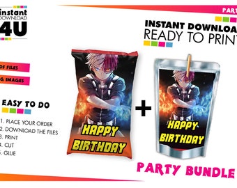 Label animefeestbundel, Anime Capri Sun+Chip Bag, anime-feestgunsten, anime-feestbenodigdheden, afdrukbare labels anime