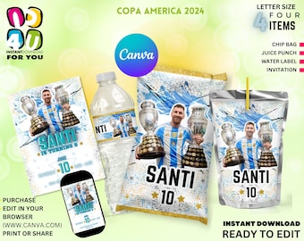 Paquete editable de recuerdos de fiesta de Messi, etiquetas de decoración editables de Argentina