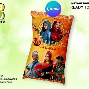 May include: A printable chip bag design featuring characters from the Disney movie Descendants. The bag is orange and gold with glitter accents. The text on the bag reads "Allison is turning 9".