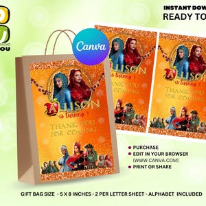 May include: A printable gift bag design featuring a cartoon image of two girls from the movie "Descendants" with the text "Allison is turning 7" and "Thank you for coming". The design is on a yellow background with gold glitter and snowflakes. The bag is 12.7 cm by 20.3 cm and includes a printable alphabet.