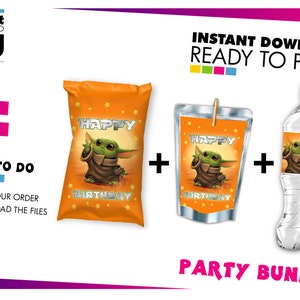 May include: A party bundle featuring a cartoon character. The bundle includes a bag, a juice pouch, and a water bottle, all with matching designs. The bag and pouch have "Happy Birthday" text. The image also includes the text "Instant Download Ready to Print".