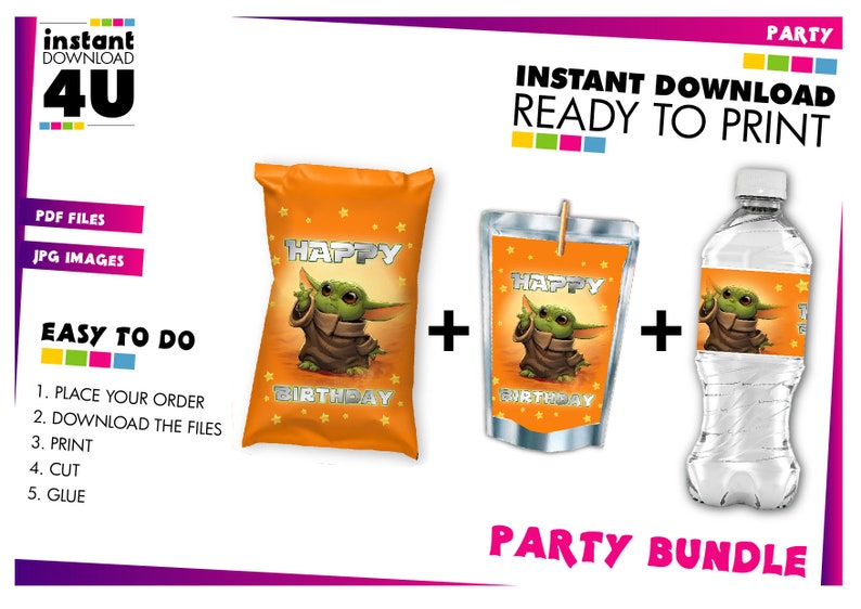 May include: A party bundle featuring a cartoon character. The bundle includes a bag, a juice pouch, and a water bottle, all with matching designs. The bag and pouch have "Happy Birthday" text. The image also includes the text "Instant Download Ready to Print".