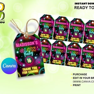 Glow Party Favors Thank you tags editable, Glow gift tags, Glow Party Editable Favors tags, Glow Editable tags