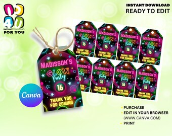 May include: Printable neon glow party favour tags with the text "Madisson's Glow Party" and the number 16. The tags are black with neon pink, green, and blue circles and stars. The text "Thank You For Coming" is at the bottom of the tag.